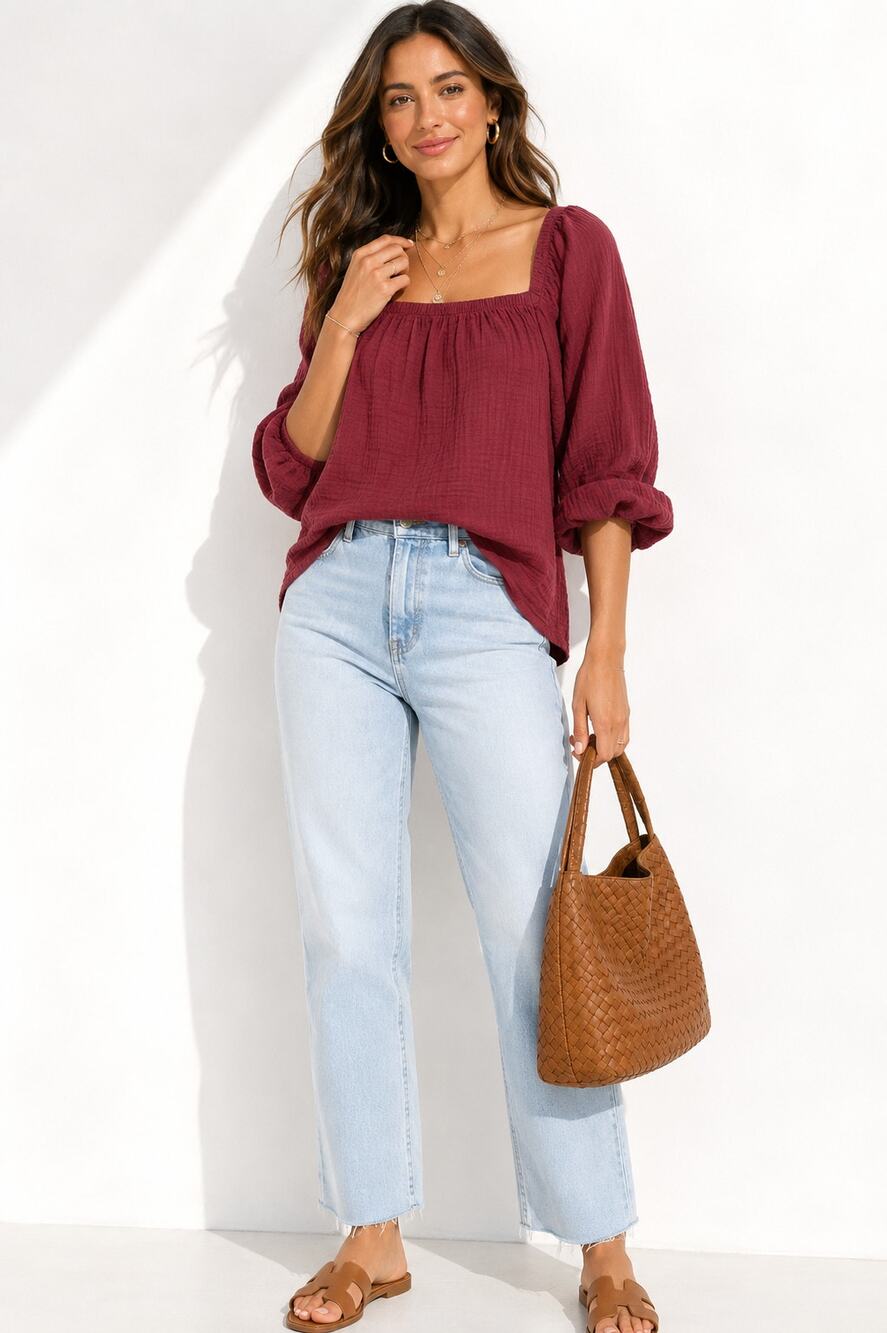 Cloth & Stone S Burgundy Gauze Peasant Blouse Square Neck Balloon Sleeve Boho